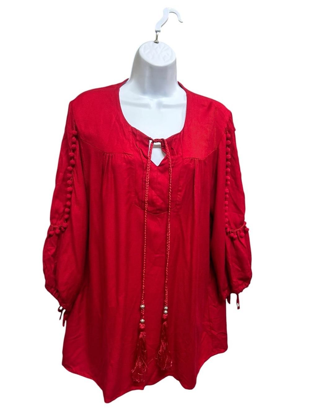 Kaktus Red Boho Peasant Tassel Detail Blouse Size XL